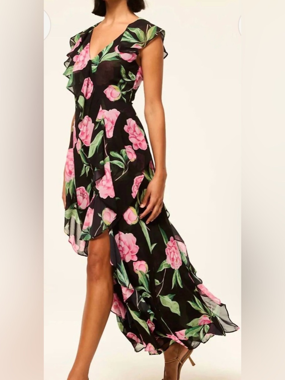 Misa Los Angeles Black Floral Maxi Dress with Pink Peony Accents